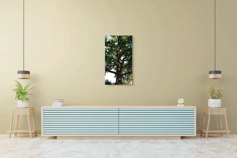 Tablou Canvas, "Stejarul bătrân în splendoarea verii", Frunze, Ramuri, Trunchi, Lumina, Umbre, Cer, Natura, Copac, Verdeturi, Vegetatie, 50 x 90 cm – poza 6