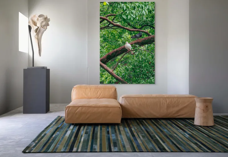 Tablou Canvas, "Porumbeii odihnindu-se pe crengi verzi", Porumbei, Ramuri, Frunze, Verdeață, Natură, Liniște, Armonie, Contemplare, 100 x 150 cm – poza 7