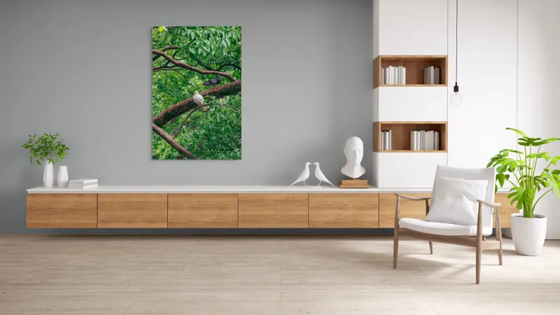 Tablou Canvas, "Porumbeii odihnindu-se pe crengi verzi", Porumbei, Ramuri, Frunze, Verdeață, Natură, Liniște, Armonie, Contemplare, 100 x 150 cm – poza 8