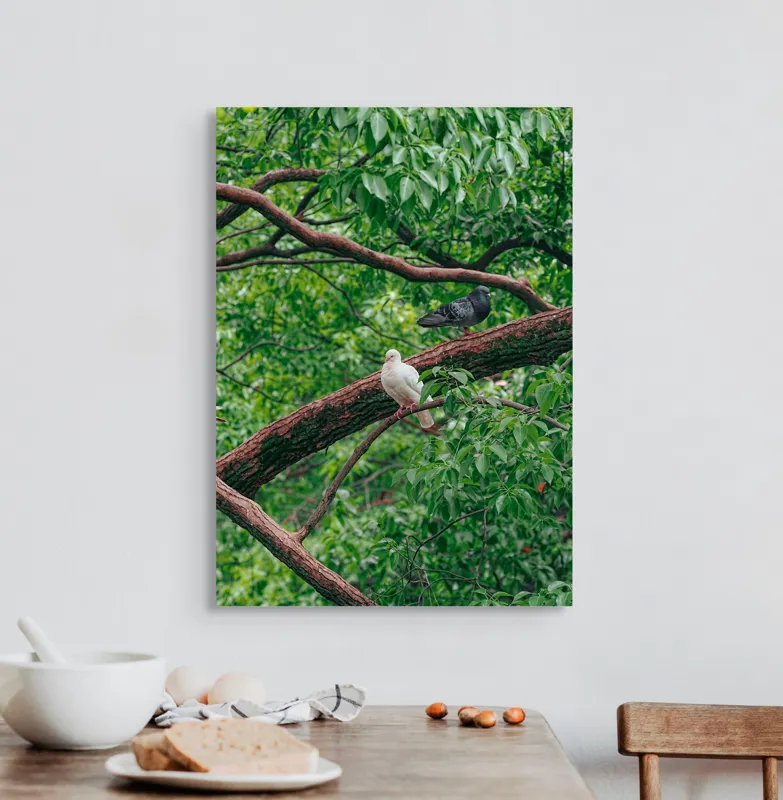 Tablou Canvas, "Porumbeii odihnindu-se pe crengi verzi", Porumbei, Ramuri, Frunze, Verdeață, Natură, Liniște, Armonie, Contemplare, 50 x 70 cm – poza 3