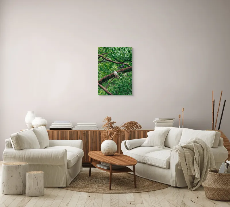 Tablou Canvas, "Porumbeii odihnindu-se pe crengi verzi", Porumbei, Ramuri, Frunze, Verdeață, Natură, Liniște, Armonie, Contemplare, 50 x 70 cm – poza 4