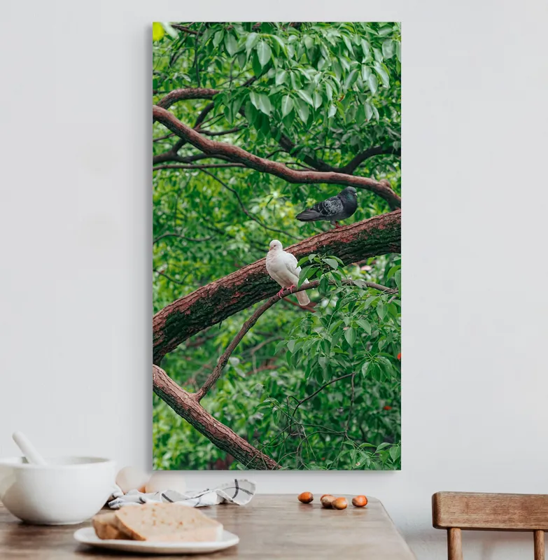 Tablou Canvas, "Porumbeii odihnindu-se pe crengi verzi", Porumbei, Ramuri, Frunze, Verdeață, Natură, Liniște, Armonie, Contemplare, 50 x 90 cm – poza 3