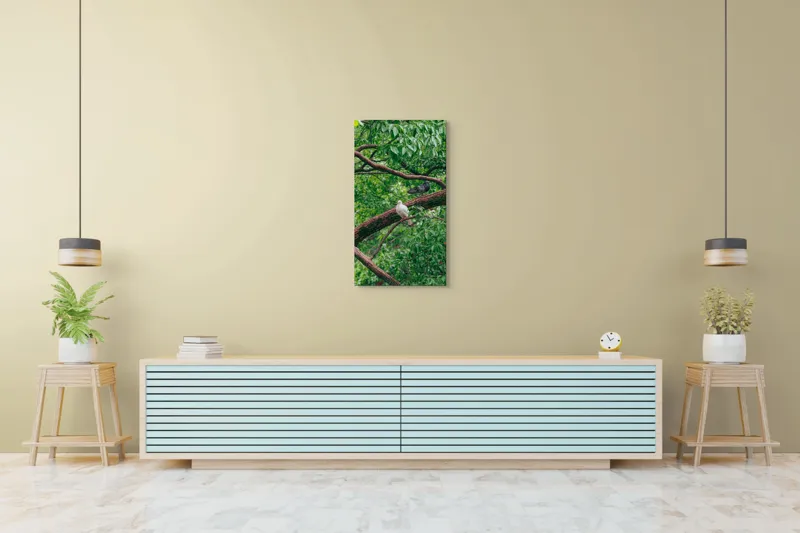 Tablou Canvas, "Porumbeii odihnindu-se pe crengi verzi", Porumbei, Ramuri, Frunze, Verdeață, Natură, Liniște, Armonie, Contemplare, 50 x 90 cm – poza 6