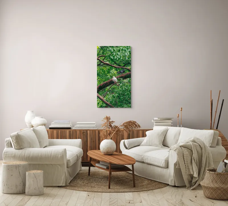 Tablou Canvas, "Porumbeii odihnindu-se pe crengi verzi", Porumbei, Ramuri, Frunze, Verdeață, Natură, Liniște, Armonie, Contemplare, 50 x 90 cm – poza 7