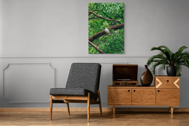 Tablou Canvas, "Porumbeii odihnindu-se pe crengi verzi", Porumbei, Ramuri, Frunze, Verdeață, Natură, Liniște, Armonie, Contemplare, 70 x 100 cm – poza 6