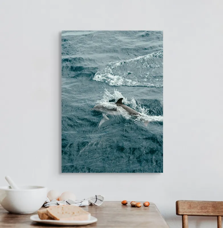 Tablou Canvas, "Delfinul printre valurile mării agitate", Delfin, Valuri, Ocean, Mișcare, Natură, Apă, Liber, Albastru, 50 x 70 cm – poza 3