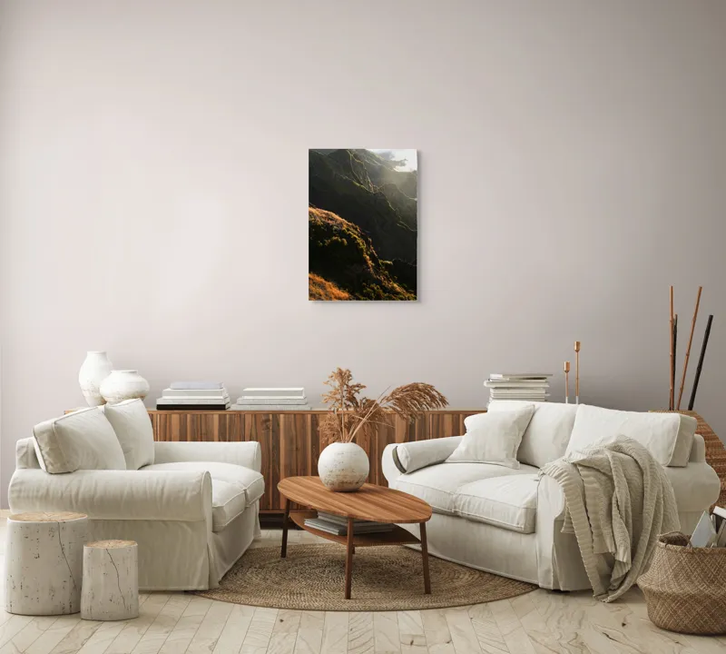 Tablou Canvas, "Razele soarelui peste crestele munților", Munte, Apus, Vegetație, Creste, Seninătate, Lumini, Umbre, Natură, Frumusețe, Serpentine, 50 x 70 cm – poza 4