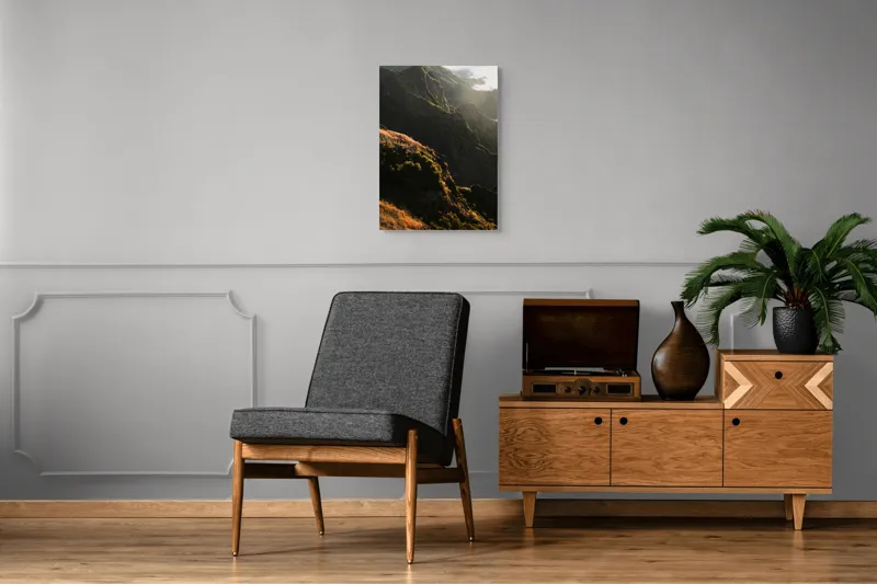 Tablou Canvas, "Razele soarelui peste crestele munților", Munte, Apus, Vegetație, Creste, Seninătate, Lumini, Umbre, Natură, Frumusețe, Serpentine, 50 x 70 cm – poza 8