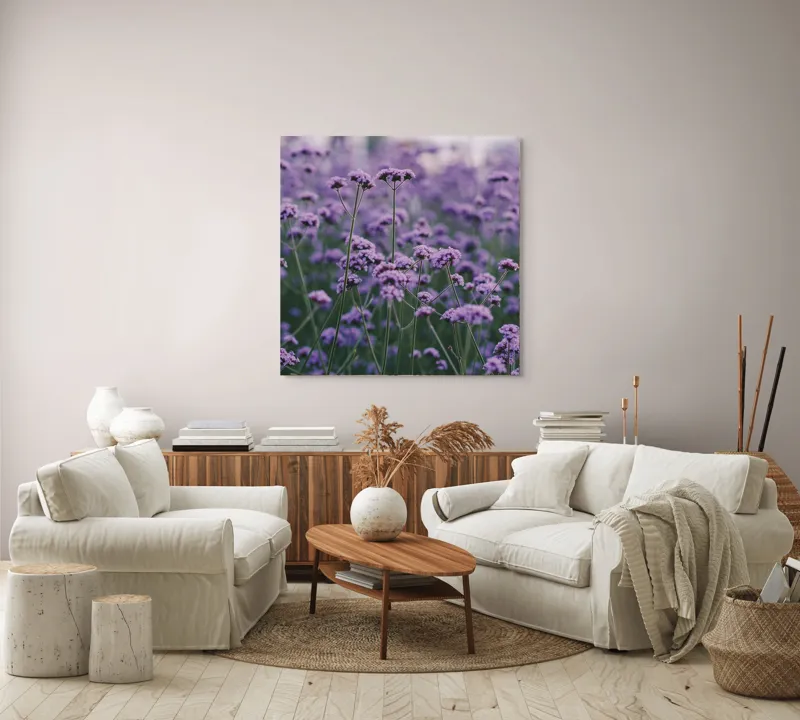 Tablou Canvas, "Livadă de flori violet în zori", Flori, Mov, Camp, Natura, Delicat, Vibrant, Calm, Frumusete, Verde, Armonie, 100 x 100 cm – poza 3