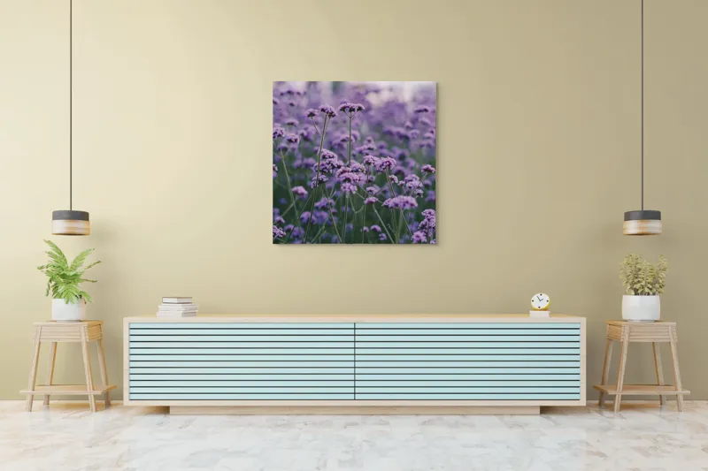 Tablou Canvas, "Livadă de flori violet în zori", Flori, Mov, Camp, Natura, Delicat, Vibrant, Calm, Frumusete, Verde, Armonie, 100 x 100 cm – poza 5
