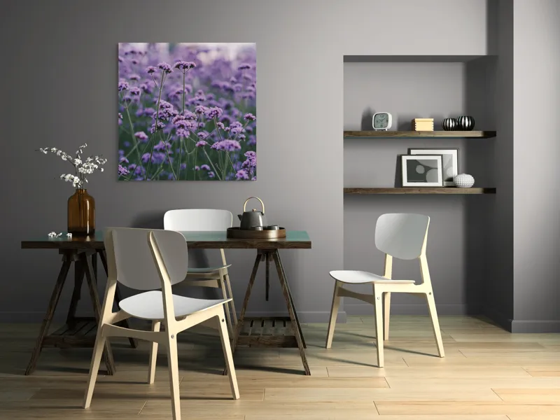 Tablou Canvas, "Livadă de flori violet în zori", Flori, Mov, Camp, Natura, Delicat, Vibrant, Calm, Frumusete, Verde, Armonie, 100 x 100 cm – poza 6