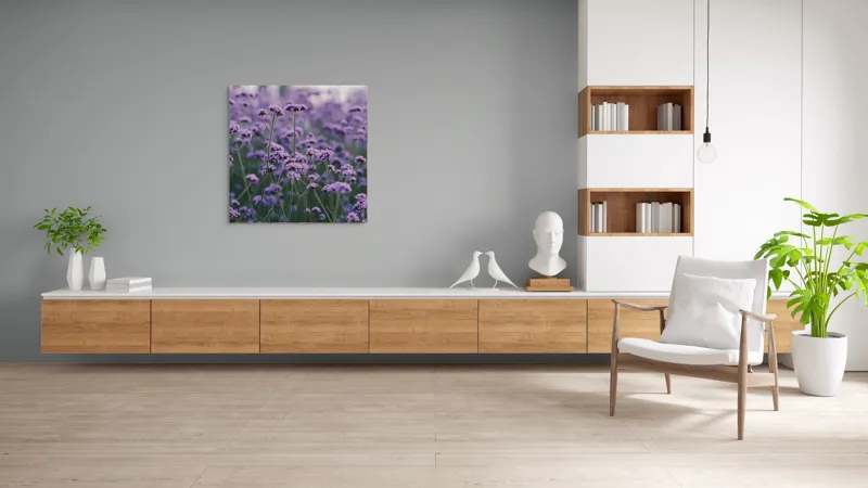 Tablou Canvas, "Livadă de flori violet în zori", Flori, Mov, Camp, Natura, Delicat, Vibrant, Calm, Frumusete, Verde, Armonie, 100 x 100 cm – poza 8