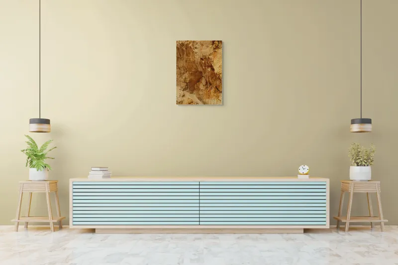 Tablou Canvas, "Straturi de piatră erodate de timp", Pietre, Stâncă, Textură, Eroziune, Galben, Maro, Natură, Forme, Abstract, Suprafețe, 50 x 70 cm – poza 6