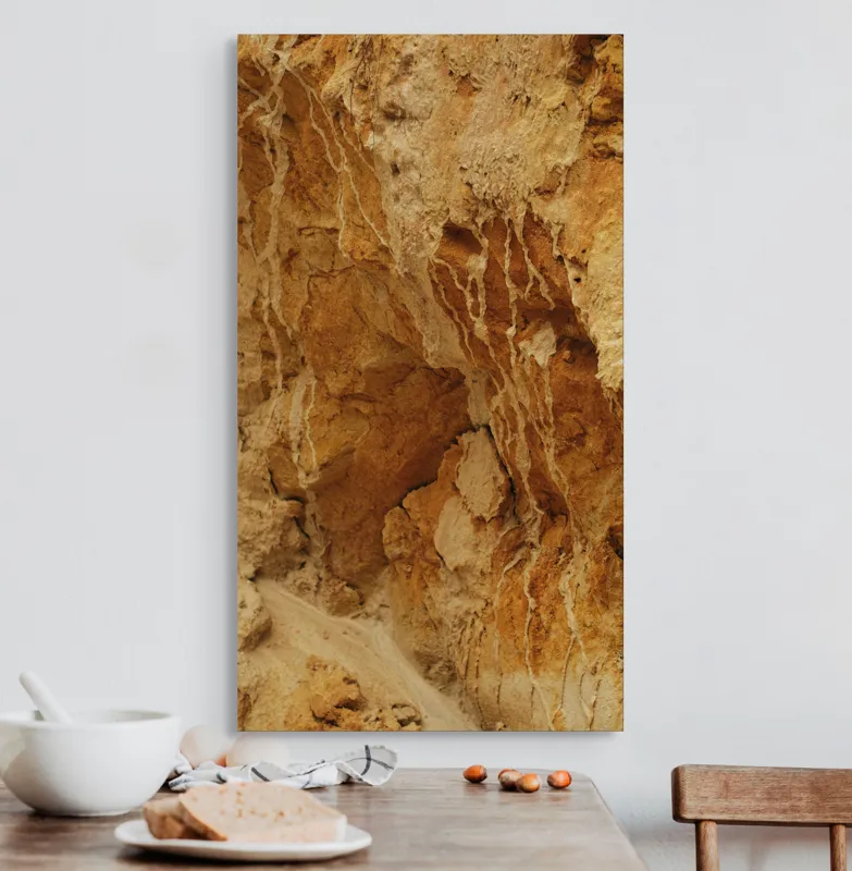 Tablou Canvas, "Straturi de piatră erodate de timp", Pietre, Stâncă, Textură, Eroziune, Galben, Maro, Natură, Forme, Abstract, Suprafețe, 50 x 90 cm – poza 3