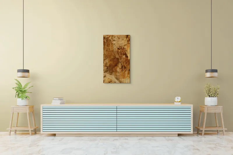 Tablou Canvas, "Straturi de piatră erodate de timp", Pietre, Stâncă, Textură, Eroziune, Galben, Maro, Natură, Forme, Abstract, Suprafețe, 50 x 90 cm – poza 6