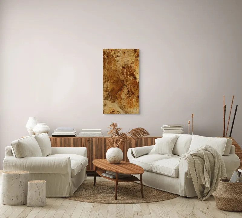 Tablou Canvas, "Straturi de piatră erodate de timp", Pietre, Stâncă, Textură, Eroziune, Galben, Maro, Natură, Forme, Abstract, Suprafețe, 50 x 90 cm – poza 7