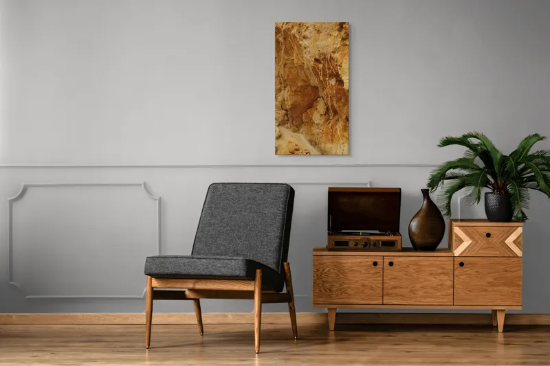 Tablou Canvas, "Straturi de piatră erodate de timp", Pietre, Stâncă, Textură, Eroziune, Galben, Maro, Natură, Forme, Abstract, Suprafețe, 50 x 90 cm – poza 8