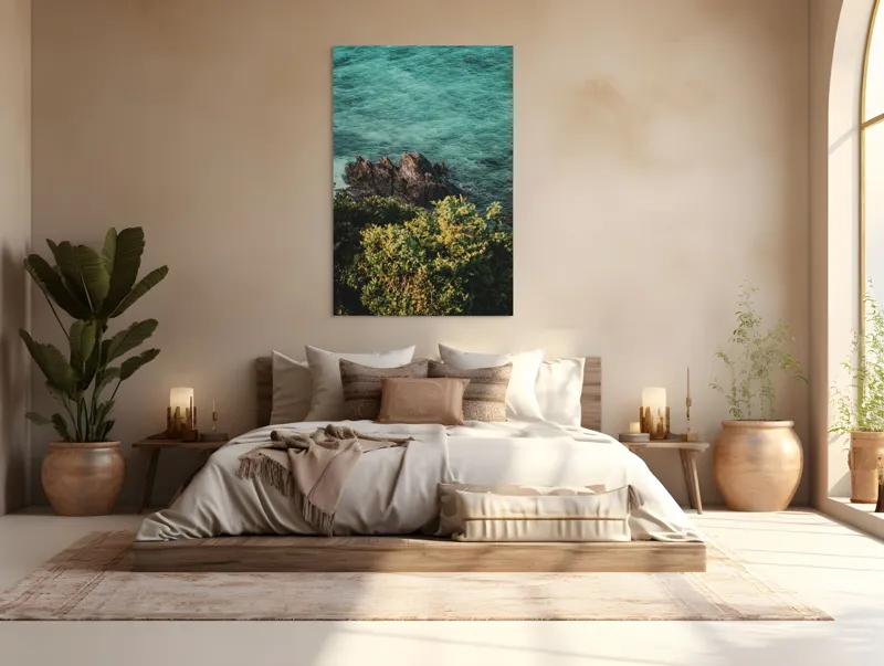 Tablou Canvas, "Stânci solitare în mare turcoaz", Ocean, Stânci, Valuri, Verdeață, Apus., 100 x 150 cm – poza 3