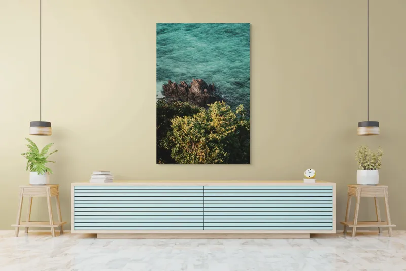 Tablou Canvas, "Stânci solitare în mare turcoaz", Ocean, Stânci, Valuri, Verdeață, Apus., 100 x 150 cm – poza 4
