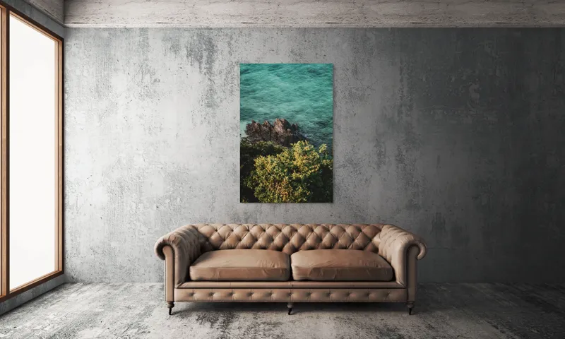 Tablou Canvas, "Stânci solitare în mare turcoaz", Ocean, Stânci, Valuri, Verdeață, Apus., 100 x 150 cm – poza 6