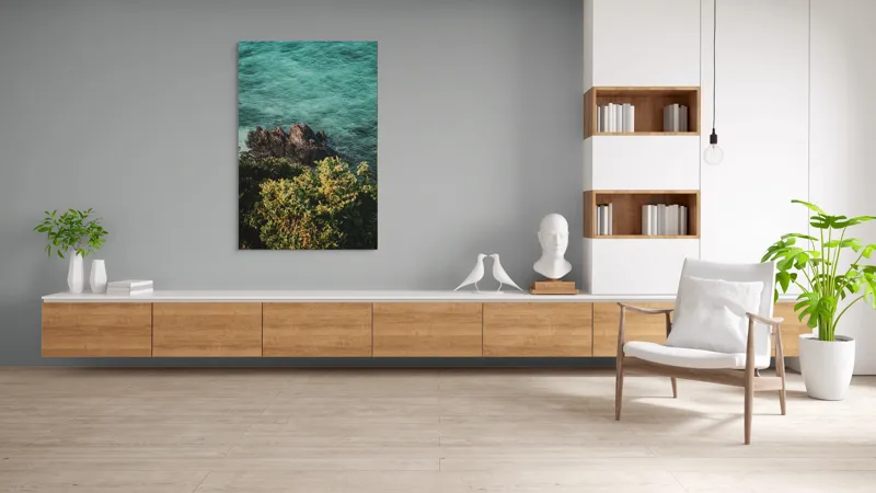 Tablou Canvas, "Stânci solitare în mare turcoaz", Ocean, Stânci, Valuri, Verdeață, Apus., 100 x 150 cm – poza 8