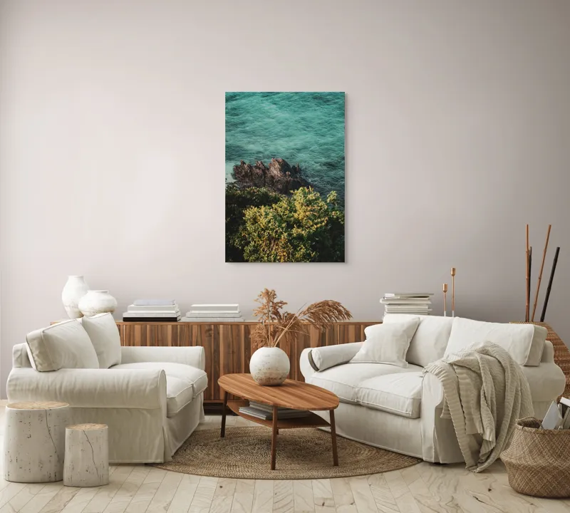 Tablou Canvas, "Stânci solitare în mare turcoaz", Ocean, Stânci, Valuri, Verdeață, Apus., 70 x 100 cm – poza 4