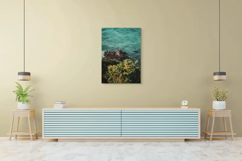 Tablou Canvas, "Stânci solitare în mare turcoaz", Ocean, Stânci, Valuri, Verdeață, Apus., 70 x 100 cm – poza 5