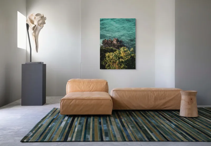 Tablou Canvas, "Stânci solitare în mare turcoaz", Ocean, Stânci, Valuri, Verdeață, Apus., 70 x 100 cm – poza 7