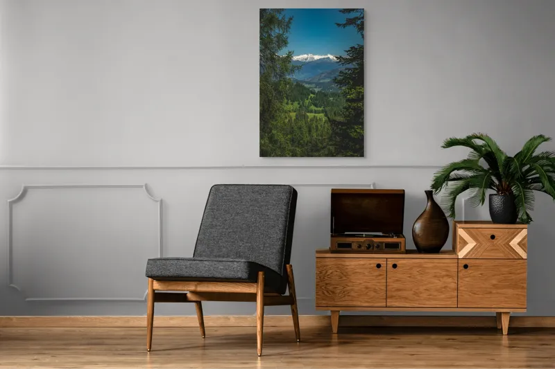 Tablou Canvas, "Priveliște montană prin pădurile verzi", Munte, Zăpadă, Brazi, Cer, Verdeață, Peisaj, Vârfuri, Pădure, Natură, Frumusețe, 70 x 100 cm – poza 6