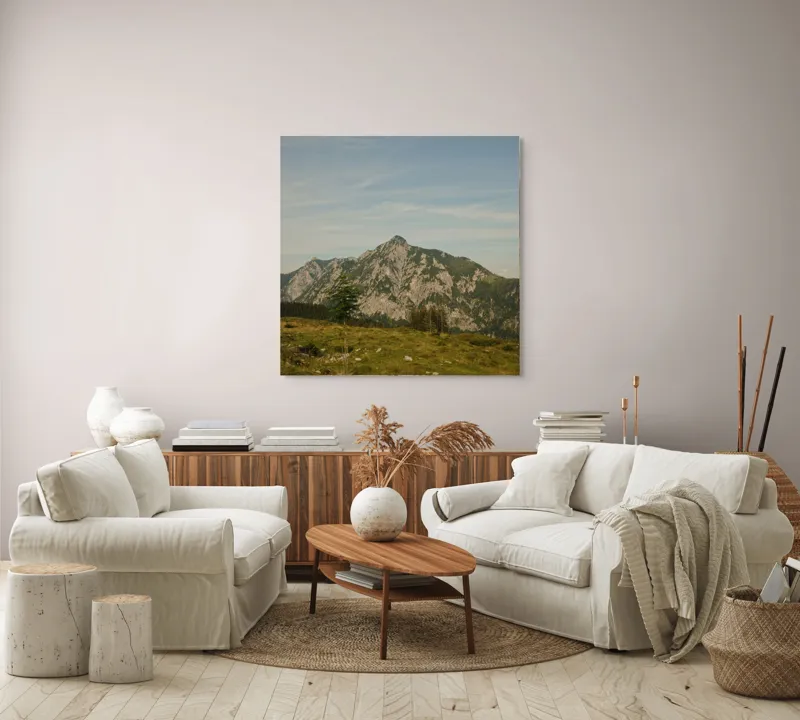 Tablou Canvas, "Muntele însorit al dimineții liniștite", Munte, Cer, Pădure, Iarbă, Piatră, Linie, Vârf, Natură, Verde, Peisaj, 100 x 100 cm – poza 3