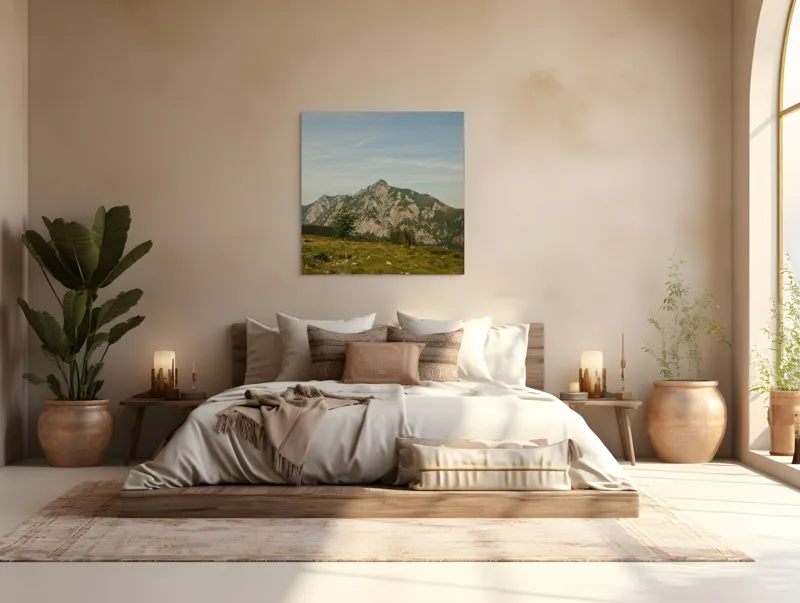 Tablou Canvas, "Muntele însorit al dimineții liniștite", Munte, Cer, Pădure, Iarbă, Piatră, Linie, Vârf, Natură, Verde, Peisaj, 100 x 100 cm – poza 4