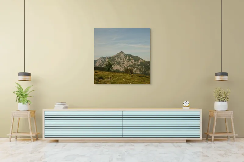 Tablou Canvas, "Muntele însorit al dimineții liniștite", Munte, Cer, Pădure, Iarbă, Piatră, Linie, Vârf, Natură, Verde, Peisaj, 100 x 100 cm – poza 5