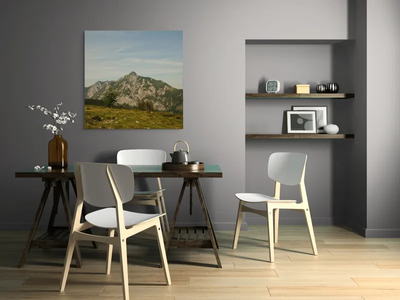 Tablou Canvas, "Muntele însorit al dimineții liniștite", Munte, Cer, Pădure, Iarbă, Piatră, Linie, Vârf, Natură, Verde, Peisaj, 100 x 100 cm – poza 6