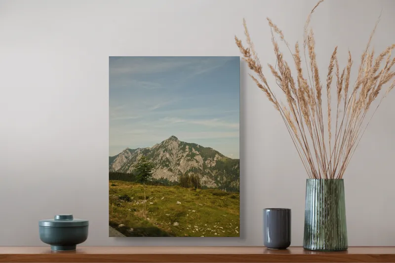 Tablou Canvas, "Muntele însorit al dimineții liniștite", Munte, Cer, Pădure, Iarbă, Piatră, Linie, Vârf, Natură, Verde, Peisaj, 39 x 54 cm – poza 3