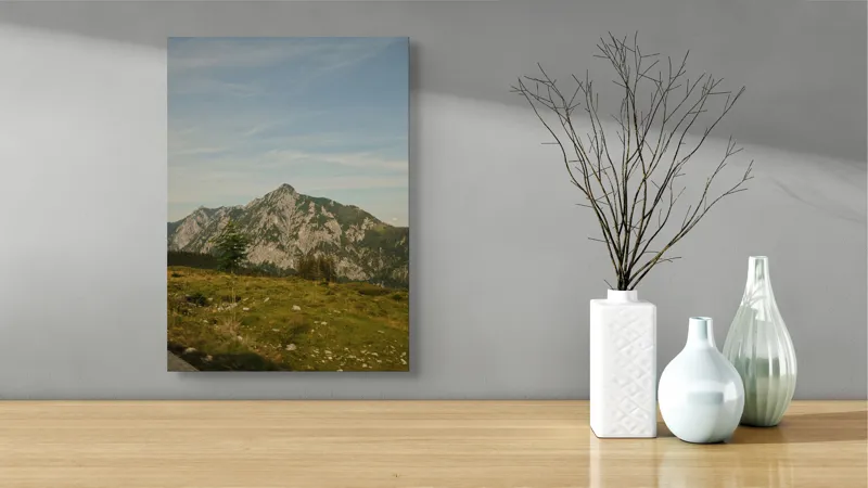Tablou Canvas, "Muntele însorit al dimineții liniștite", Munte, Cer, Pădure, Iarbă, Piatră, Linie, Vârf, Natură, Verde, Peisaj, 39 x 54 cm – poza 4
