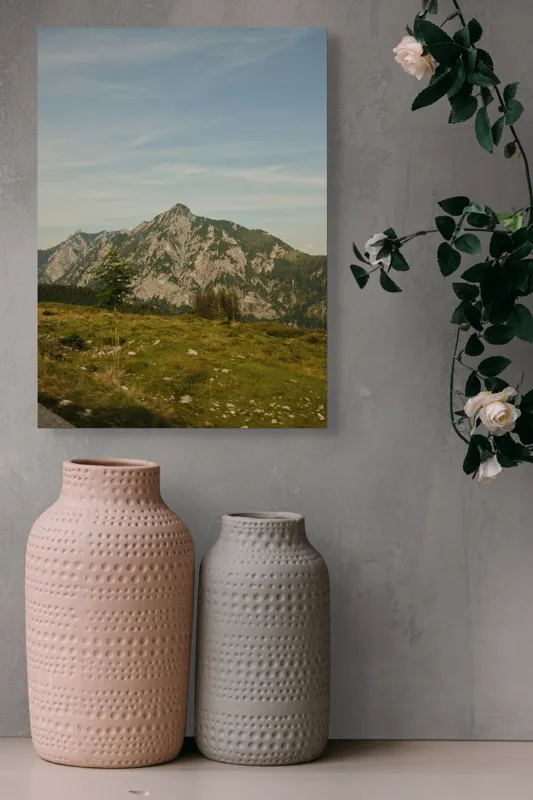 Tablou Canvas, "Muntele însorit al dimineții liniștite", Munte, Cer, Pădure, Iarbă, Piatră, Linie, Vârf, Natură, Verde, Peisaj, 39 x 54 cm – poza 6