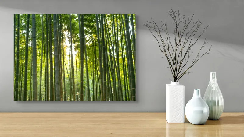 Tablou Canvas, "Lumina blândă printre bambuși verzi", Bambus, Lumină, Verzi, Natură, Tranquilitate, Pădure, Creștere, Soare, Energie, Frunziș, 70 x 50 cm – poza 3
