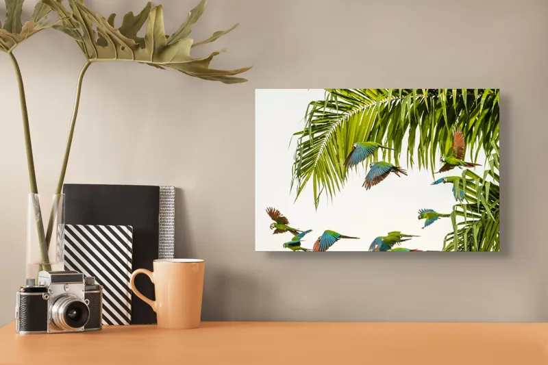 Tablou Canvas, "Paradis tropical cu papagali în zbor", Papagali, Tropic, Frunze, Zbor, Culoare, Libertate, Cer, Natură, Exotic, Vibrant, 39 x 26 cm – poza 3