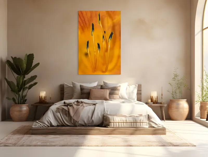 Tablou Canvas, "Dansul staminelor de crin galben", Galben, Portocaliu, Polen, Stamine, Flori, Detalii, Natură, Textură, 100 x 150 cm – poza 3