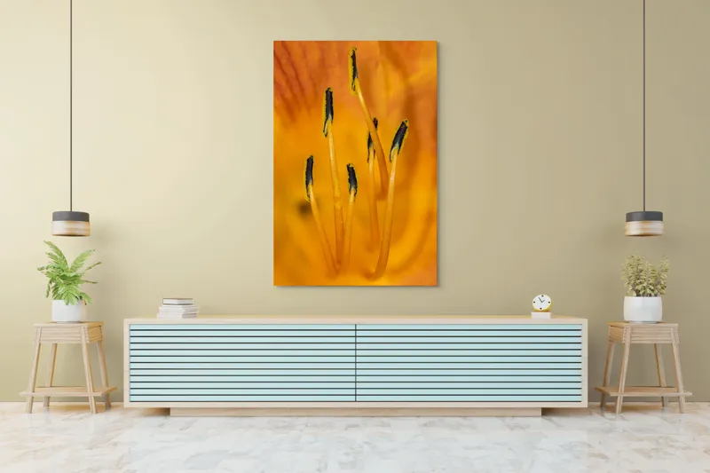 Tablou Canvas, "Dansul staminelor de crin galben", Galben, Portocaliu, Polen, Stamine, Flori, Detalii, Natură, Textură, 100 x 150 cm – poza 4