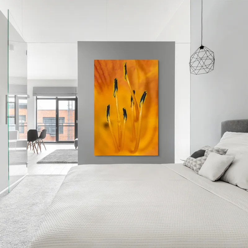 Tablou Canvas, "Dansul staminelor de crin galben", Galben, Portocaliu, Polen, Stamine, Flori, Detalii, Natură, Textură, 100 x 150 cm – poza 5