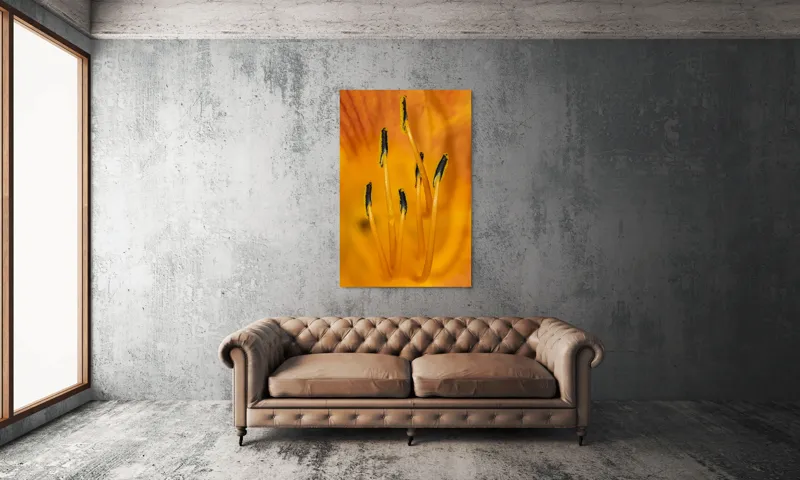 Tablou Canvas, "Dansul staminelor de crin galben", Galben, Portocaliu, Polen, Stamine, Flori, Detalii, Natură, Textură, 100 x 150 cm – poza 6