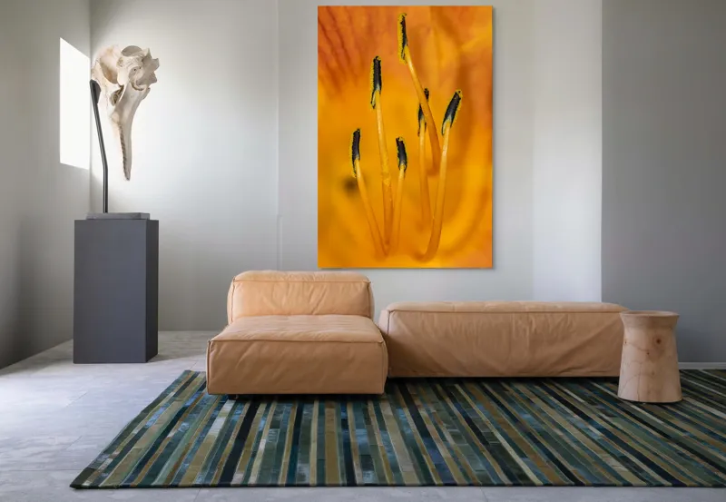 Tablou Canvas, "Dansul staminelor de crin galben", Galben, Portocaliu, Polen, Stamine, Flori, Detalii, Natură, Textură, 100 x 150 cm – poza 7