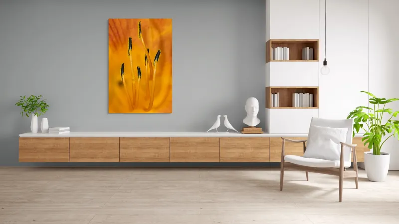 Tablou Canvas, "Dansul staminelor de crin galben", Galben, Portocaliu, Polen, Stamine, Flori, Detalii, Natură, Textură, 100 x 150 cm – poza 8