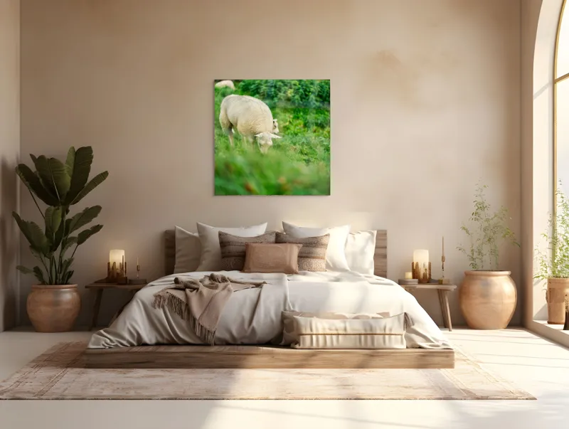 Tablou Canvas, "Oaie păscând pe câmp verde", Oaie, Verdeață, Pășune, Natură, Tranquilitate, Blândețe, Peisaj, Rumegătoare, 100 x 100 cm – poza 4