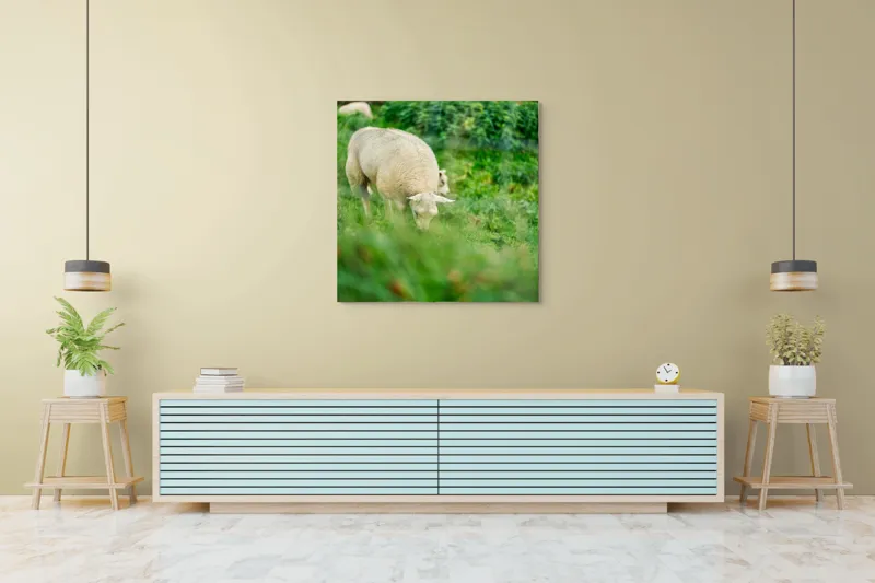 Tablou Canvas, "Oaie păscând pe câmp verde", Oaie, Verdeață, Pășune, Natură, Tranquilitate, Blândețe, Peisaj, Rumegătoare, 100 x 100 cm – poza 5