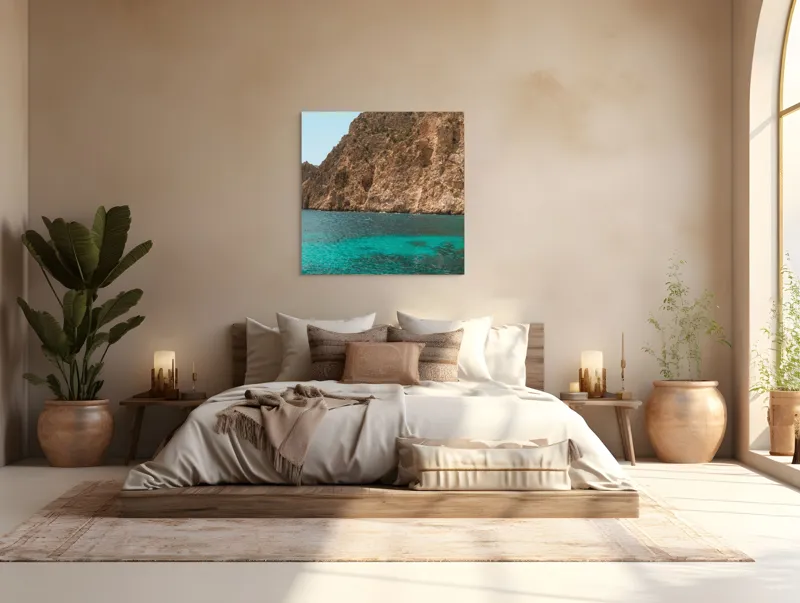 Tablou Canvas, "Marea albastră lângă stânci imense", Azuriu, Stâncos, Sclipitor, Limpede, Natură, Serene, Pitorească., 100 x 100 cm – poza 4