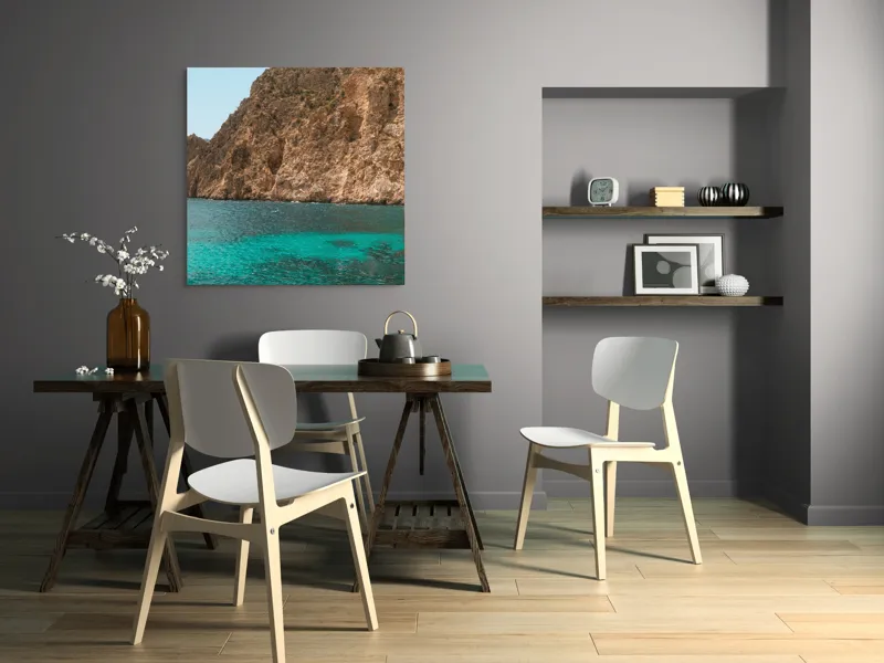 Tablou Canvas, "Marea albastră lângă stânci imense", Azuriu, Stâncos, Sclipitor, Limpede, Natură, Serene, Pitorească., 100 x 100 cm – poza 6