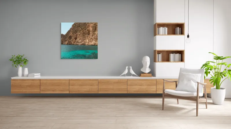 Tablou Canvas, "Marea albastră lângă stânci imense", Azuriu, Stâncos, Sclipitor, Limpede, Natură, Serene, Pitorească., 100 x 100 cm – poza 8