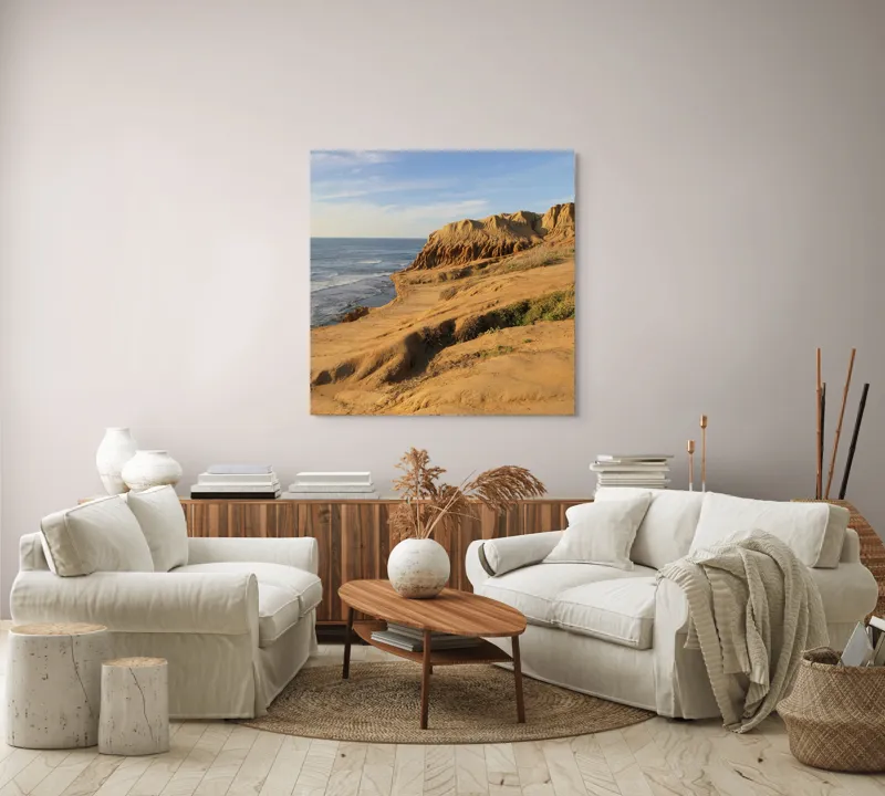 Tablou Canvas, "Peisaj arid la malul mării", Ocean, Stânci, Apus, Horizon, Cer, Valuri, Peisaj., 100 x 100 cm – poza 3